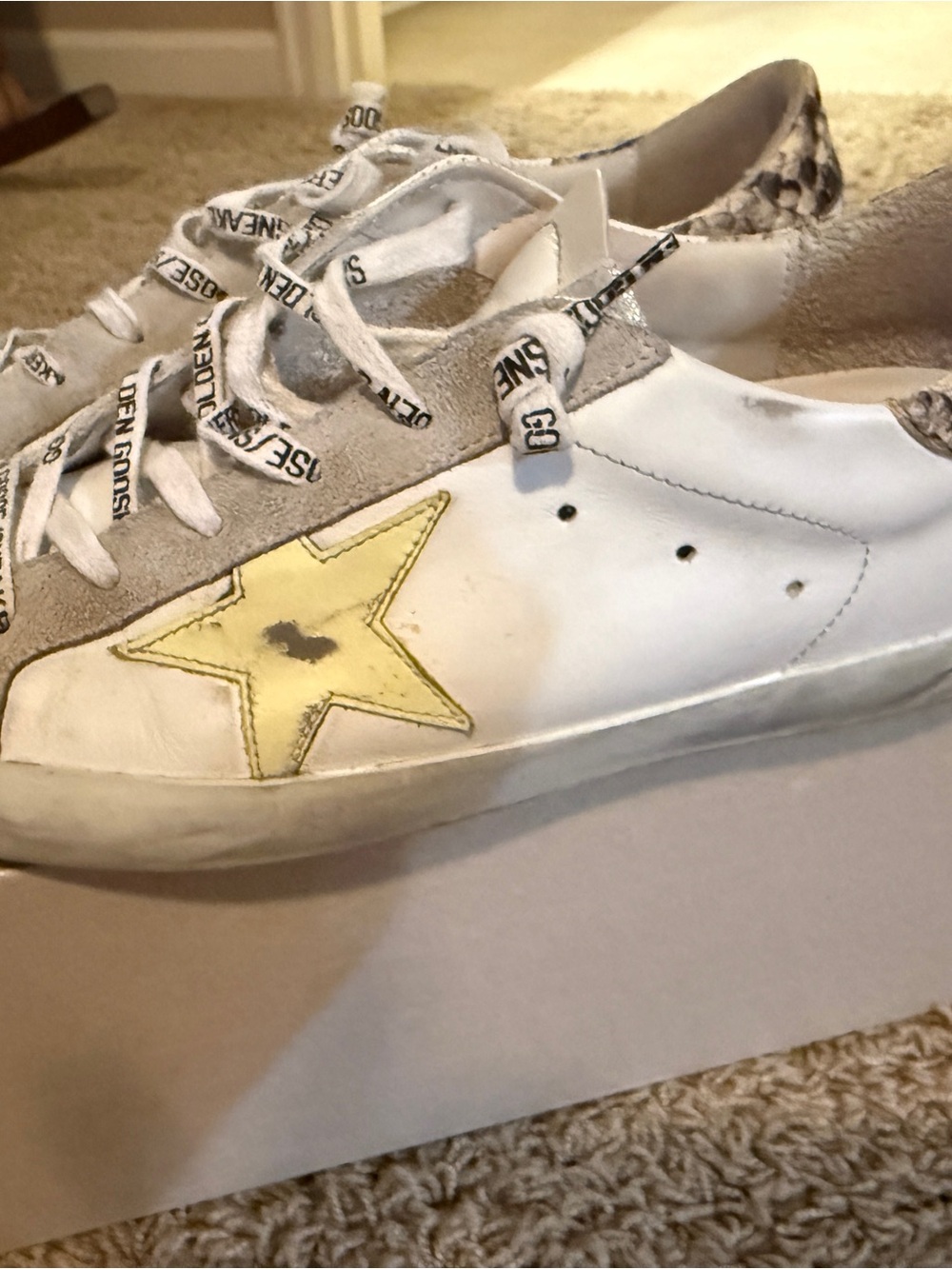 Golden Goose White Leather Sneakers with Yellow Star and Snake-Print Heel - Picture 3 of 8
